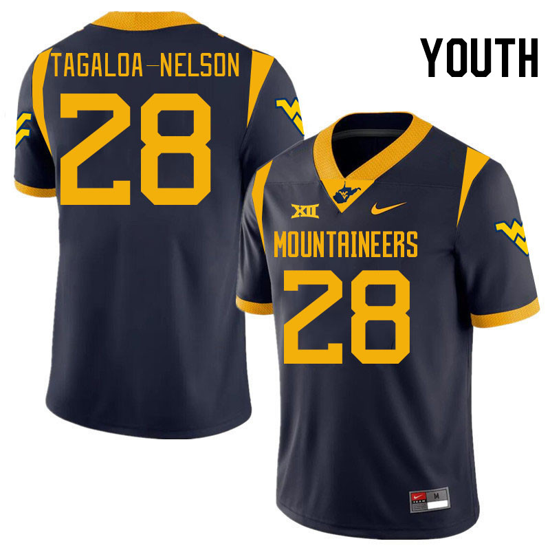 Youth #28 Aden Tagaloa-Nelson West Virginia Mountaineers College 2024 New Uniforms Football Jerseys